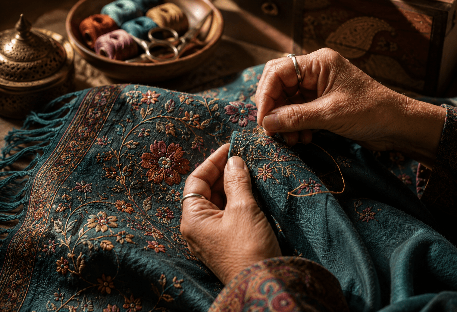 Artisan hands hand-embroidering a Kashmiri shawl